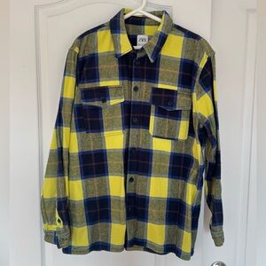 Zara Yellow and Blue Plaid Heavyweight Flannel Shirt